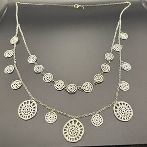 Layered Two Strand Silver Tone Necklace with Circular Accents